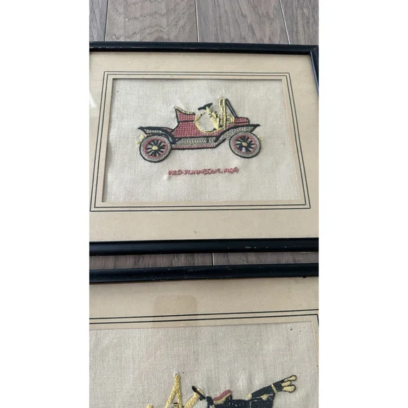 6 VINTAGE COMPLETED EMBROIDERY Antique Cars Framed Old Frames - Picture 7 of 9